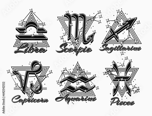 Monoshrome icons of zodiac sign Libra, Scorpio, Sagittarius, Capricorn, Aquarius, Pisces with constellation, text, triangle as alchemical symbol of the elements. Horoscope symbols on white background