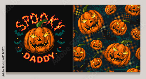 Halloween label, seamless pattern with halloween pumpkin head like Spooky happy daddy, spider web, silhouette of bat. Dark background with round halftone shapes. Family concept. Vintage style