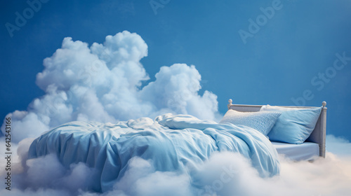 bed stand in a blue fluffy cloud in the sky symbolic for good sleep