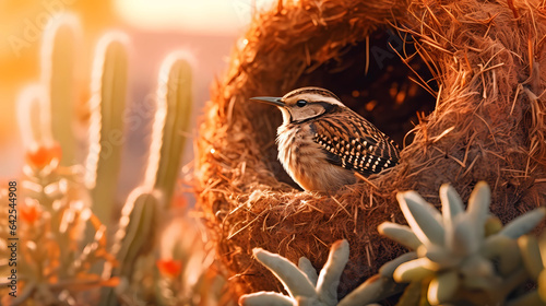 Cactus wren perched in a nest on saguaro at sunset. beautiful desert bird at sunrise