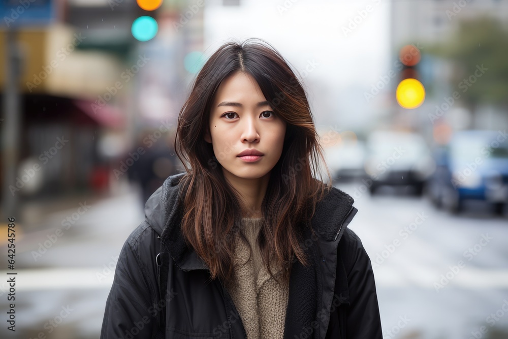 Asian woman serious sad angry face portrait on a city street Asian woman serious sad angry face portrait on a city street