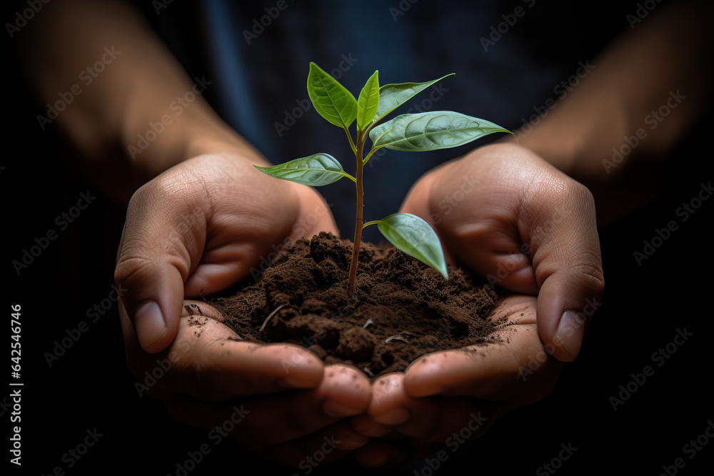 A farmer holds soil with a young plant sprouting in his hands.