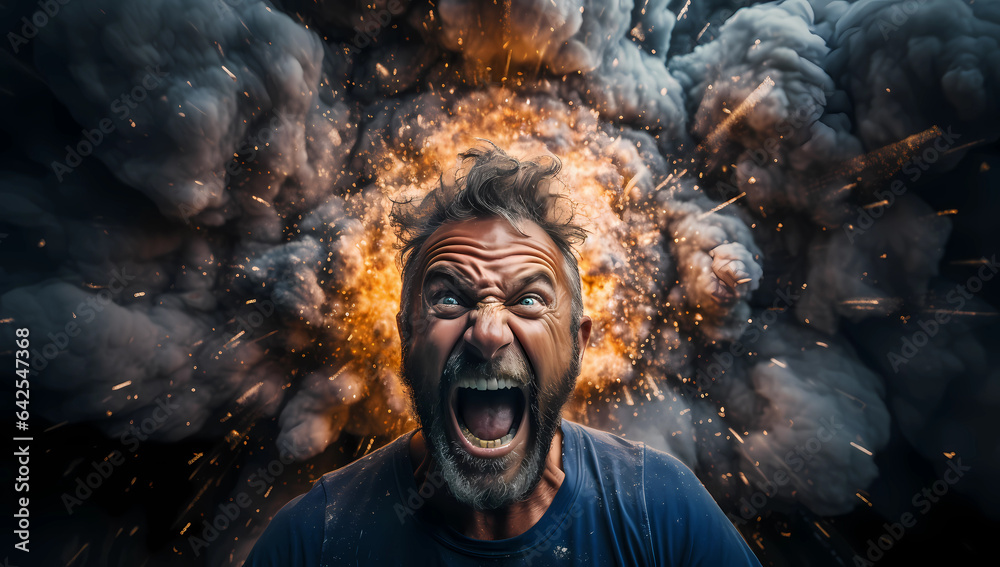Emotional Outburst: Man's Powerful Reaction to an Explosive Scene on Dark Blue. AI Generated. Emotional Outburst: Man's Powerful Reaction to an Explosive Scene on Dark Blue. AI Generated.