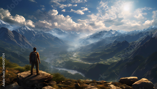 a man looking over a valley to the mountains, nostalgic landscapes. AI Generated. © Роман Варнава