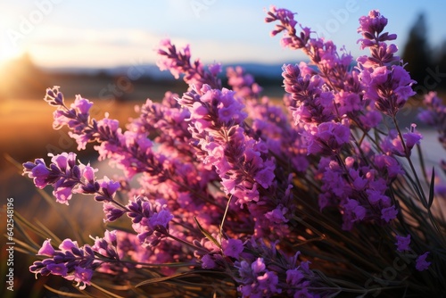 Lavender flowers in the garden at sunset. Selective focus. Mother's day concept with a copy space. Valentine day concept with a copy space. Greeting Card Concept.