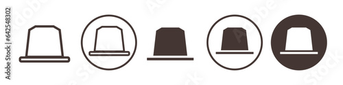 Nespresso Icon. Coffee capsule symbol. Vector set of espresso blend with aroma flavor cup or pod. Roasted coffee bullet pot logo in flat outline style