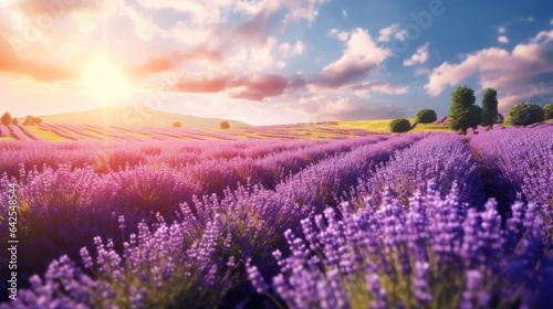 Lavender flowers at sunset in the rays of the setting sun