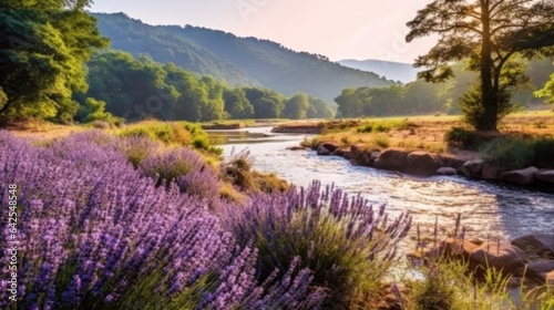 Lavender field on the mountain river at sunset. Beautiful summer landscape.