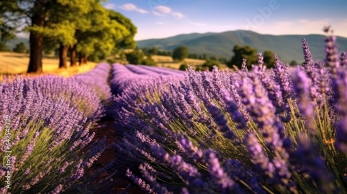 Lavender field in Provence, France. Lavender flowers blooming at sunset. Mother's day concept with a copy space. Valentine day concept with a copy space. Greeting Card Concept.