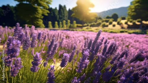 Lavender field in sunset light. Lavender flowers blooming in the summer. Mother's day concept with a copy space. Valentine day concept with a copy space. Greeting Card Concept.