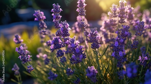 Lavender flowers blooming in the garden at sunset, selective focus. Mother's day concept with a copy space. Valentine day concept with a copy space. Greeting Card Concept.