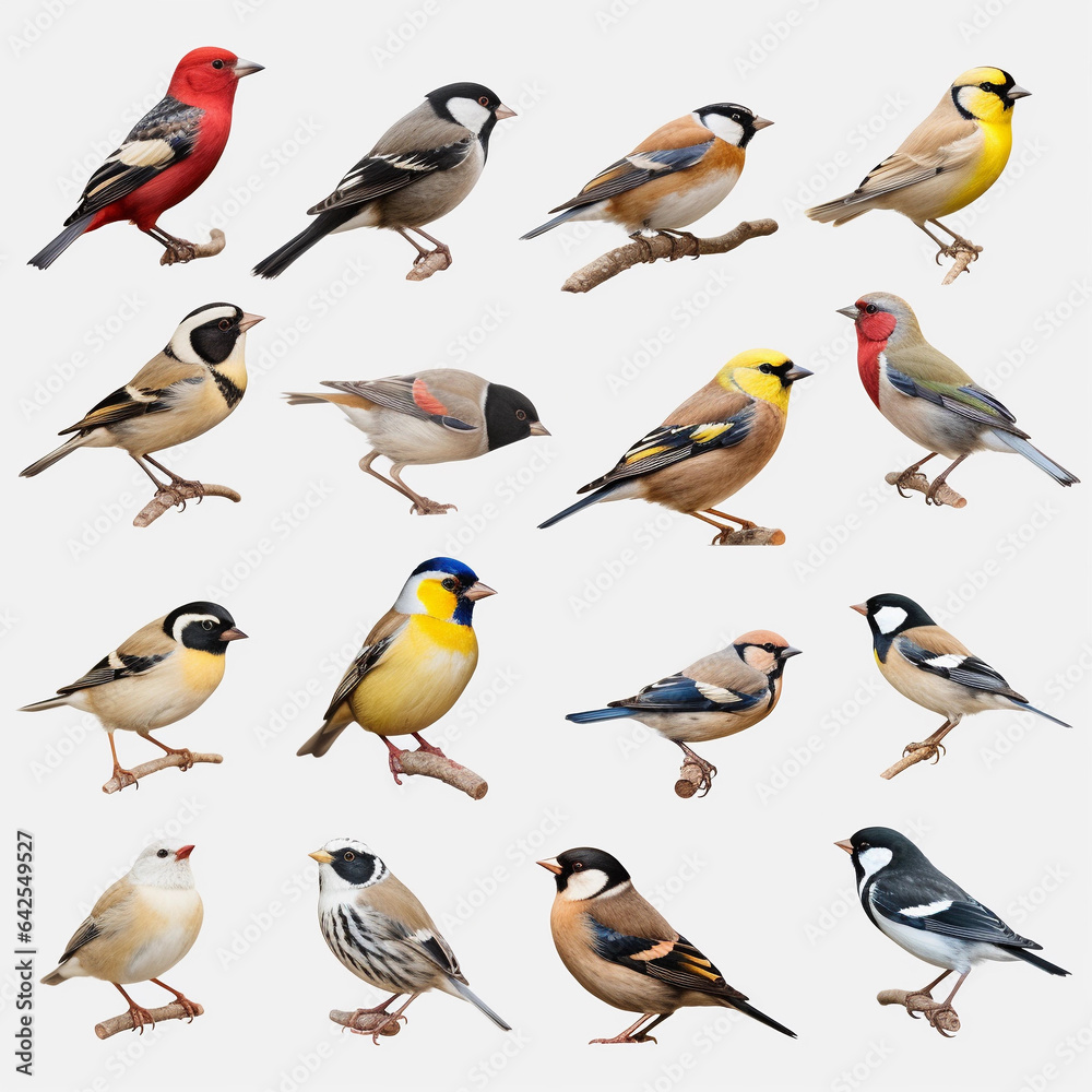 Fototapeta premium A flock of starlings perched on white background 