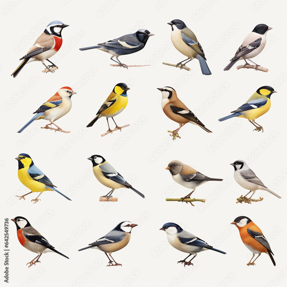 A flock of starlings perched on white background A flock of starlings perched on white background