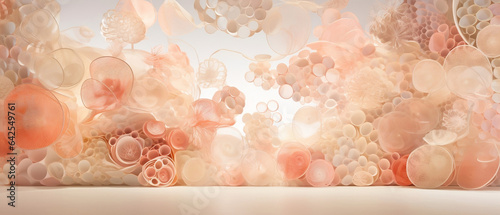 Abstrakcyjne tło - scena z balonów i dekoracji. Jasne, pastelowe, brzoskwiniowe odcienie. Miejsce do prezentacji produktu
