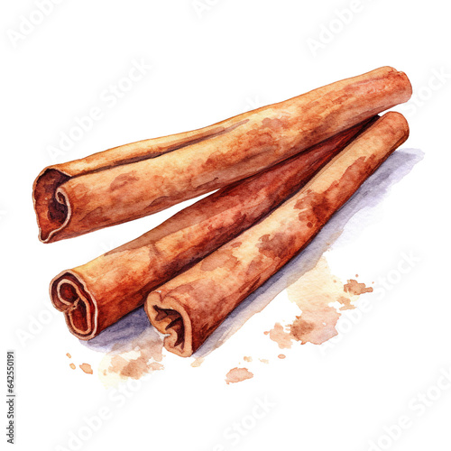 Cinnamon sticks and powder. Watercolor or aquarelle painting illustration. Isolated cutout on transparent background.