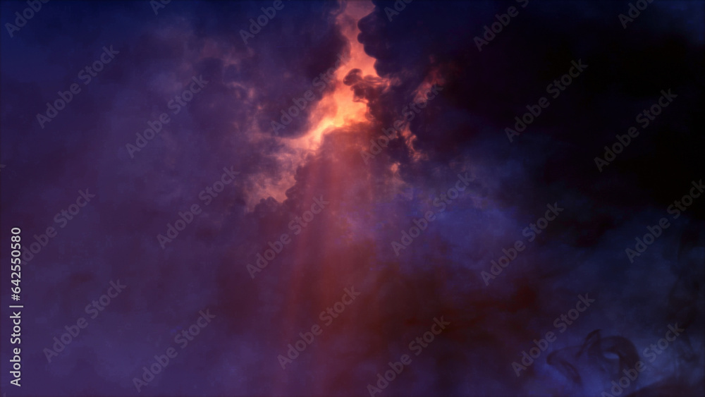 3D rendering of thunderclouds with bright lightning flashes