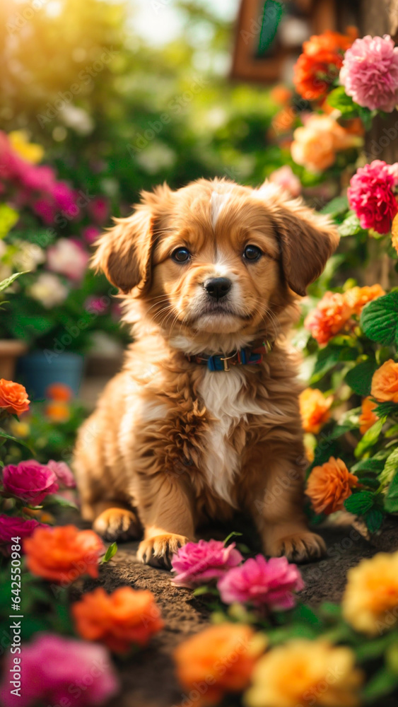 golden retriever puppy with flowers golden retriever puppy with flowers
