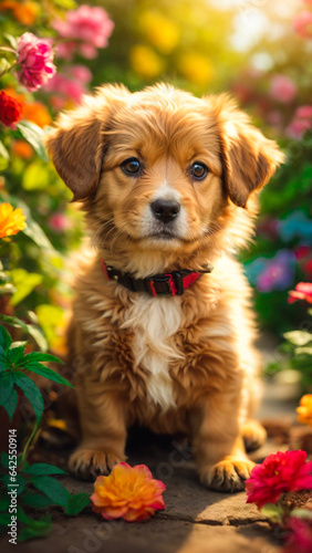 golden retriever puppy with flowers