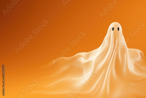 Creepy white ghost sheet costume isolated on bright orange background. Spooky monster  magic scary spirit. Happy Halloween  Halloween party minimal concept