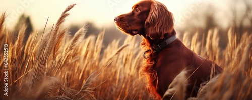 Closeup portrait of a purebred hunting dog breed wearing a brown leather collar outdoors in field in fall season. Banner with haunting springer spaniel dog.  photo