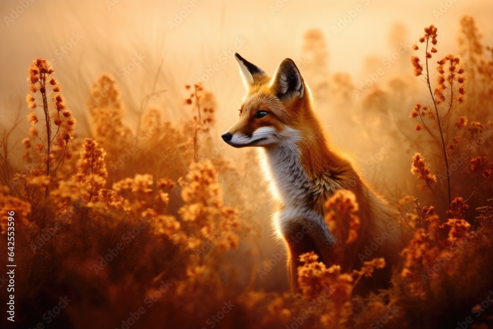 Cute red fox sitting on autumn field with wildflowers. Beautiful animal in the nature habitat. Wildlife scene from the wild nature. Wallpaper, beautiful fall background