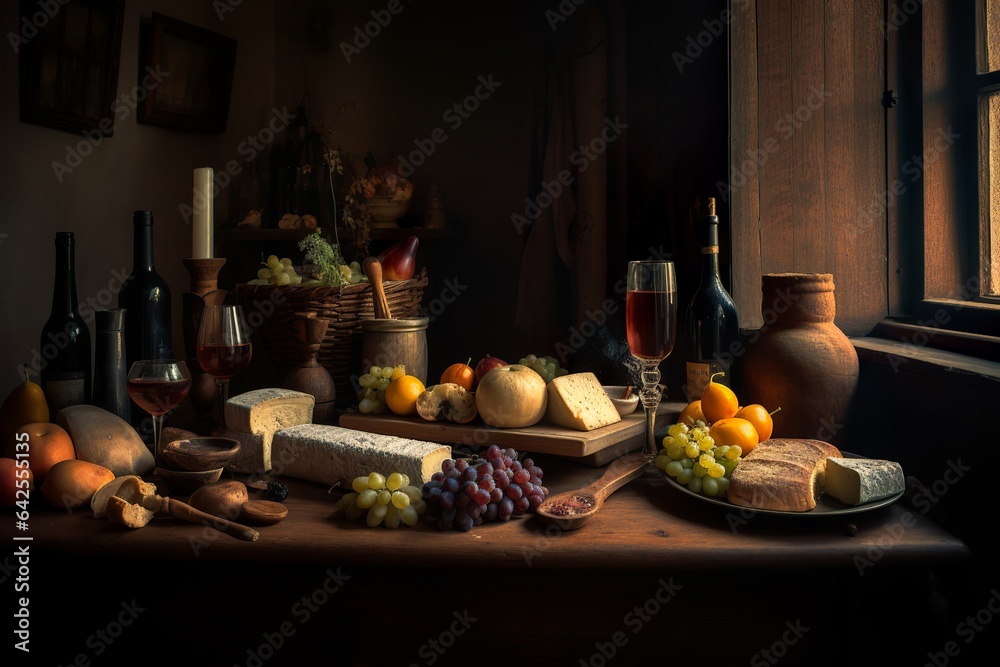 a collection of sizable fruit bread and empty wine on a wood table