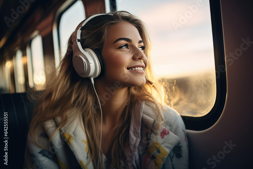 Beautiful woman listening to music on the train. © amankris99