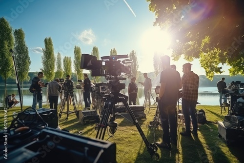 Behind the scenes of movie shooting or video production and film crew team with camera equipment at outdoor location on sunny day with flare lighting.