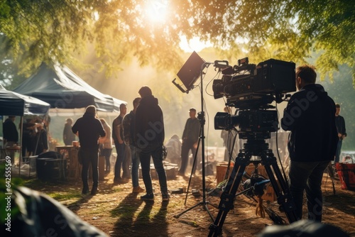 Behind the scenes of movie shooting or video production and film crew team with camera equipment at outdoor location on sunny day with flare lighting Fototapeta