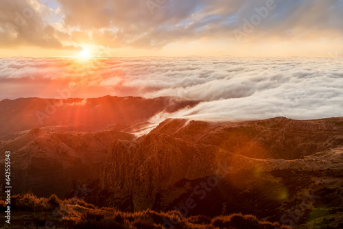 Top of the mountain at sunrise on Pico do Arieiro, Madeira islands, Portugal