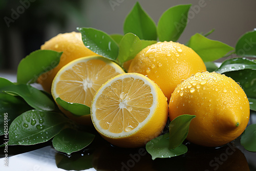 Fresh lemons and oranges with green leaves.