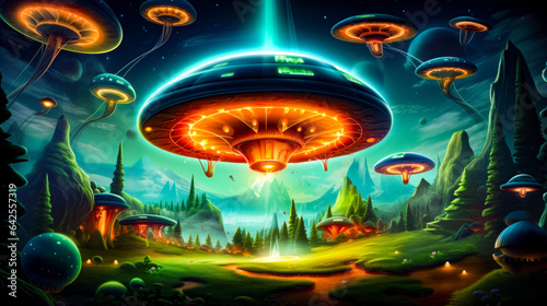 Painting of flying saucer in the middle of field of mushrooms.