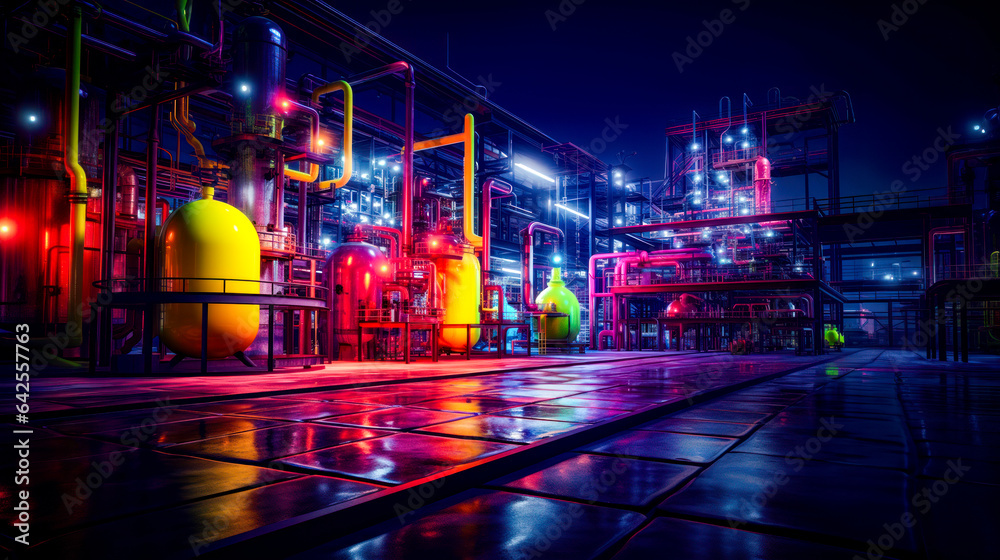 Fototapeta premium Factory with lot of pipes and yellow and red lights on it.