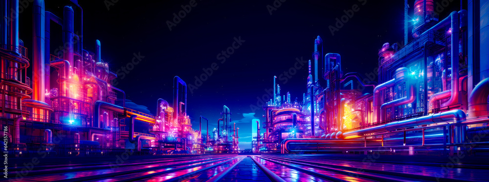 Futuristic city at night with lot of neon lights on the buildings.