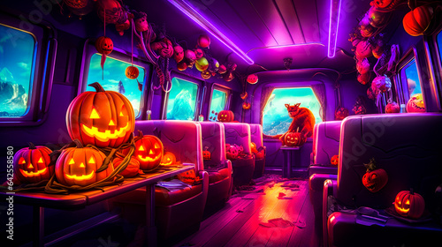 Train car filled with lots of pumpkins and jack - o'- lanterns. © Констянтин Батыльчук