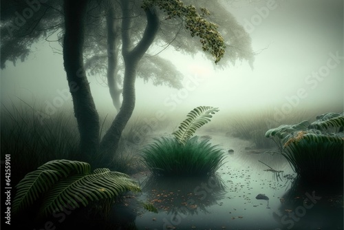 Mystical Calmness in the Foggy Rain: A Serene Scene