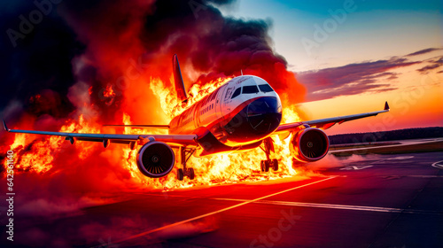 Large jetliner on run way with lot of fire in the background.