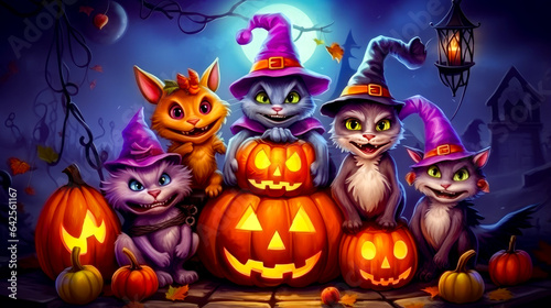 Group of cats sitting on top of pumpkins in front of full moon.