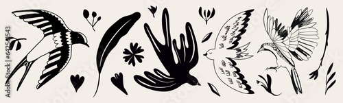 Collection of hand drawn birds. Ethno style. Fashionable vector template for your design.