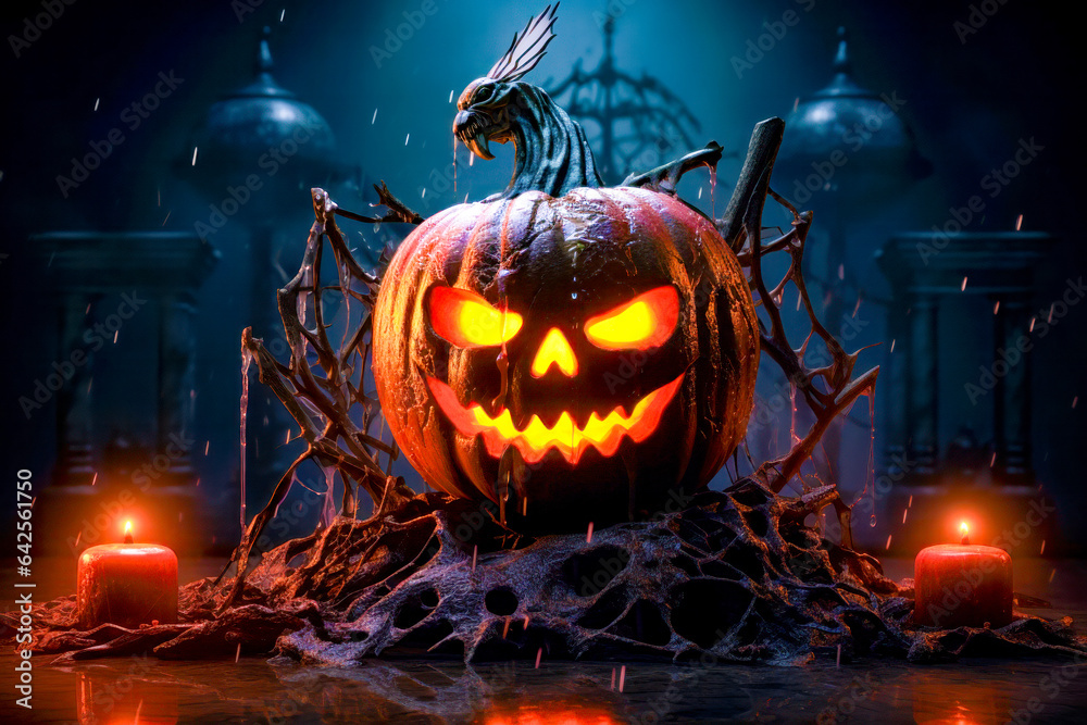 Fototapeta premium Halloween pumpkin with creepy face and dragon on top of it.