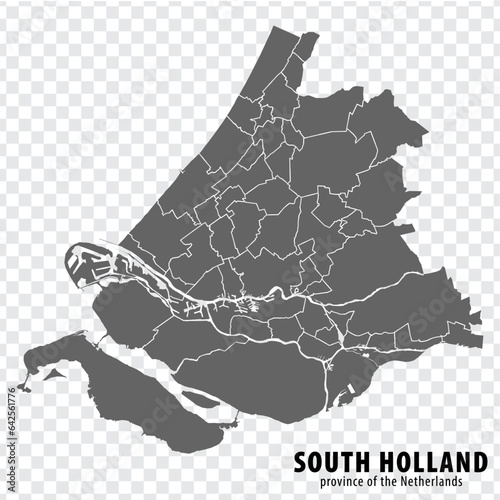 Blank map Province South Holland of Netherlands. High quality map South Holland with municipalities on transparent background for your web site design, logo, app, UI.  EPS10.