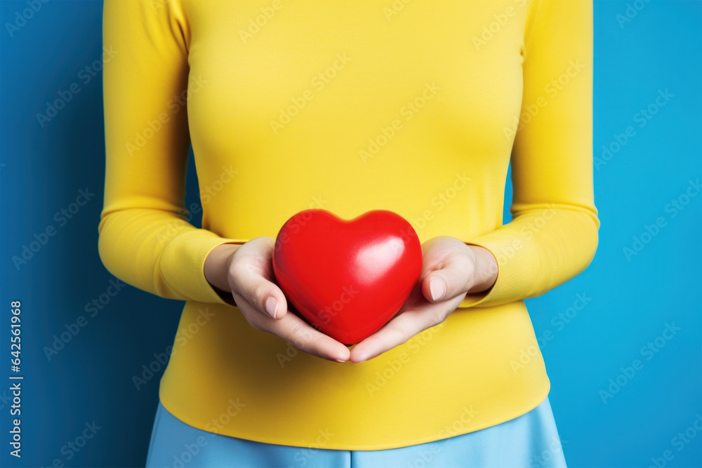 Concept of charity or health care, health insurance, love, adoption. Woman holding red heart Concept of charity or health care, health insurance, love, adoption. Woman holding red heart