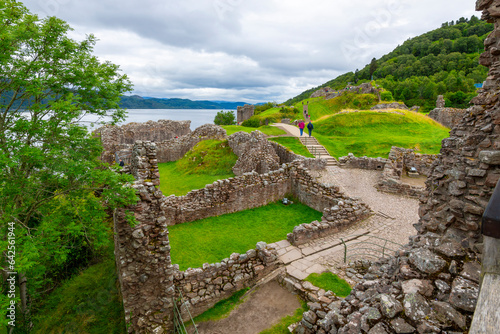 Canvas Print The medieval ruins of the hilltop Urquhart Castle fortification along the shores of Loch Ness lake near Inverness, Scotland, in the Scottish Highlands