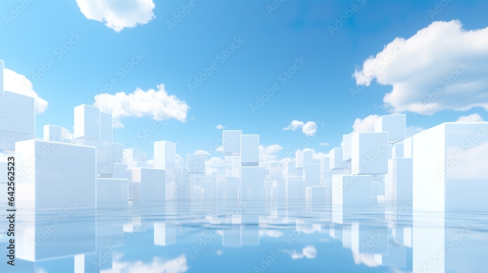 abstract background with flying cube and rectangle shapes in blue sky with clouds, generative AI
