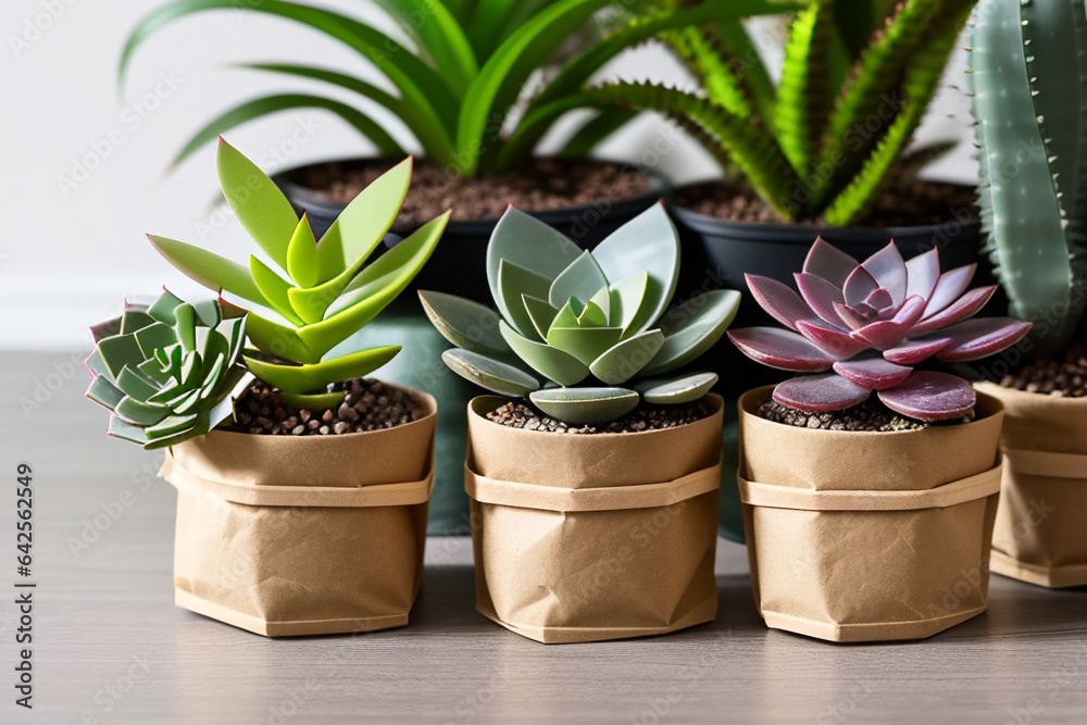 A large set of succulents in an eco-paper bag. Eco-friendly reusable eco-bag and succulents. Shop of indoor plants. A large set of succulents in an eco-paper bag. Eco-friendly reusable eco-bag and succulents. Shop of indoor plants.