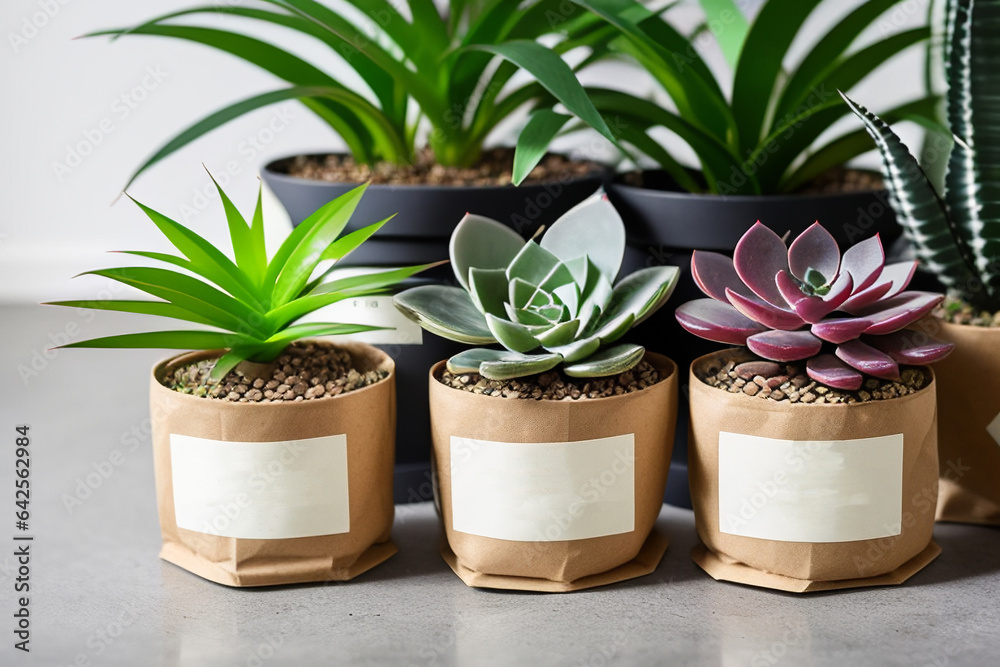 Obraz premium A large set of succulents in an eco-paper bag. Eco-friendly reusable eco-bag and succulents. Shop of indoor plants.