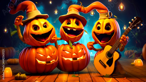 Group of pumpkins wearing hats and holding guitar in front of stage.