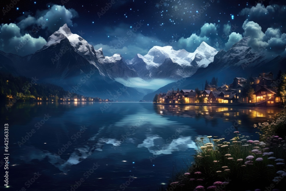 atmosphere at night of the beautiful country of Switzerland, with snowy