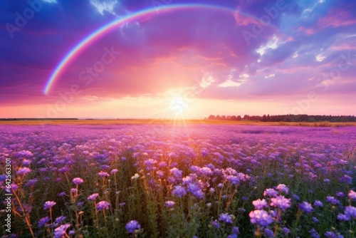 Beautiful panorama rural landscape with sunrise and blossoming meadow. purple flowers flowering on spring field.