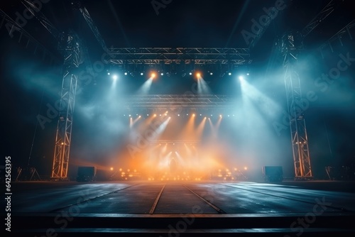 Concert stage with spotlights Beautiful and magnificent, with fog, spotlights, orange and blue colors.